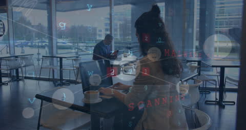 Businesswoman Using Laptop with Digital Connections Overlay