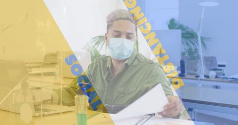 Masked Office Worker Practsing Social Distancing Hygiene