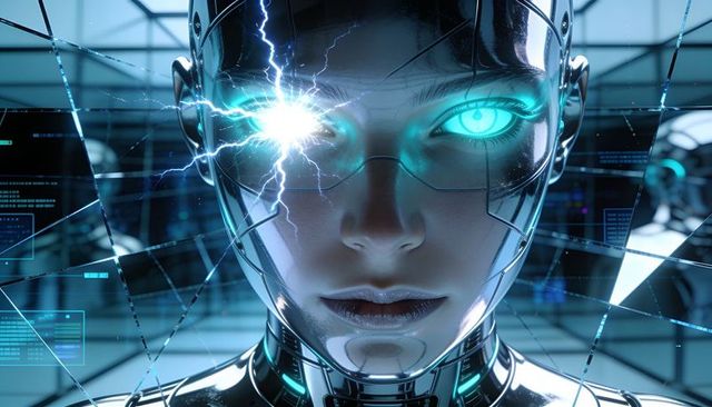 Arcing cyborg staring through cracked visor with glowing eye implant in futuristic lab