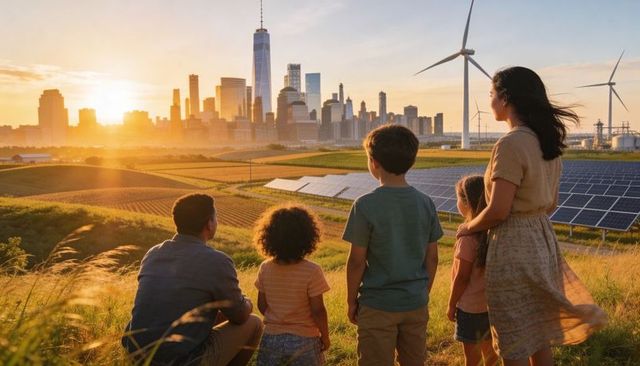 Family embracing renewable future at sunset over city skyline with solar panels, wind turbines