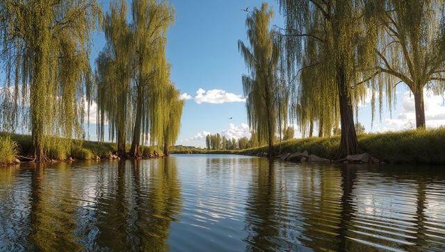 Sunlit weeping willows reflecting on calm river with ripples, reeds and rocky shoreline, lakeside