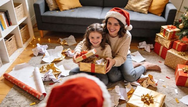 Mother and daughter unwrapping golden gift box, smiling together on cozy christmas morning