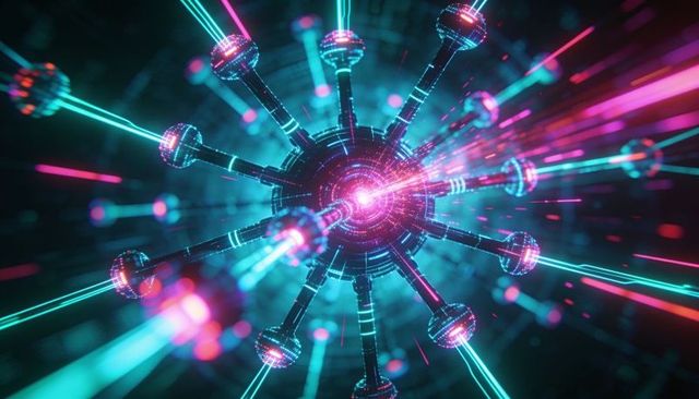 Neon energy core with radial nodes and pulsing light beams in futuristic cyberpunk grid
