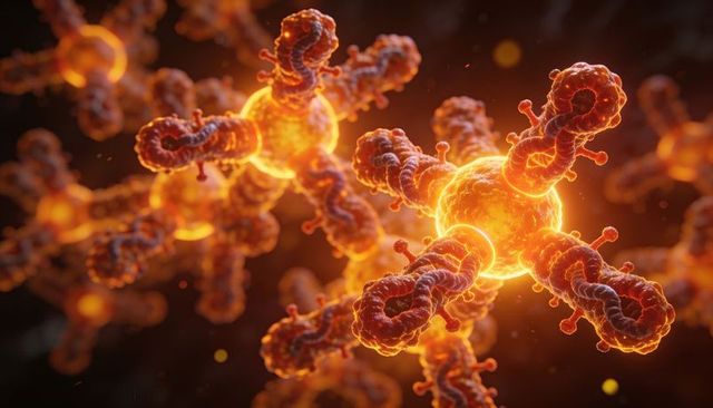 Glowing microscopic particles emitting molten orange light with helical filament arms