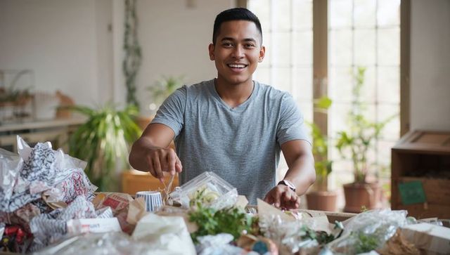Smiling man sorting recyclable materials on cluttered wooden table in sunlit workshop