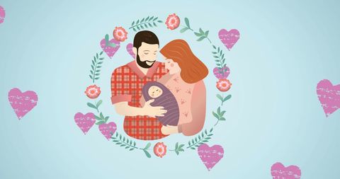 Happy Family with Baby Surrounded by Floral Frame and Hearts