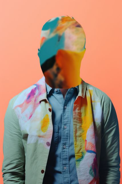 Man with face covered by paints on pink background, created using generative ai technology. Faceless person, anonymity and colour concept digitally generated image.