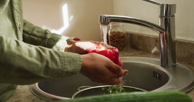 Image of hands of biracial woman washing vegetables. Lifestyle, cooking, spending free time at home concept.