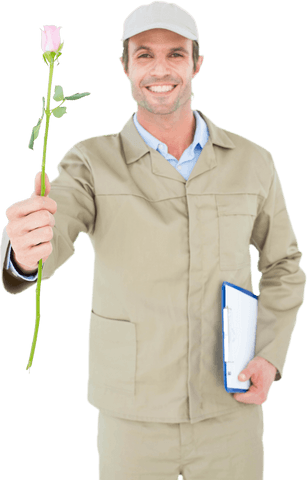 Transparent Delivery Man Offering Rose Holding Clipboard