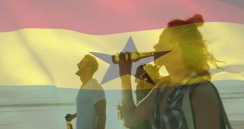 Friends Enjoying Beach Walk at Sunset with Transparent Flag Overlay