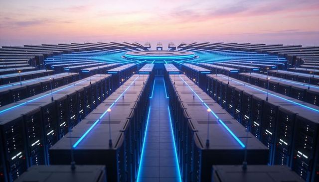 Radial data center rooftop featuring circular hub and blue led server racks at sunset