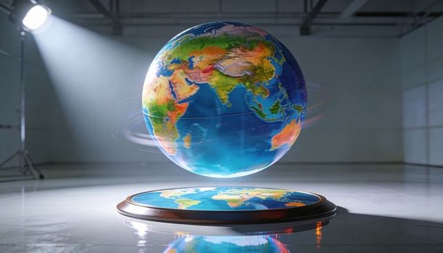 Levitating rotating earth globe above circular map base in dramatic spotlight minimalist display