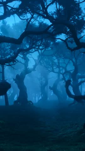 Mystical Blue Fog Forest Vertical Video Swaying Gnarled Trees and Mist