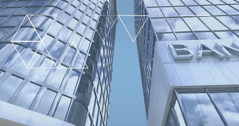 Digital Triangles Animation Over Modern Bank Buildings