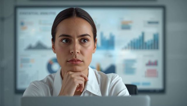 Businesswoman analyzing data on laptop with presentation charts and graphs in background