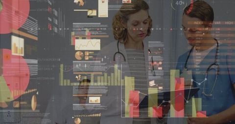 Healthcare Professionals Analyzing Digital Data with Interactive Interface