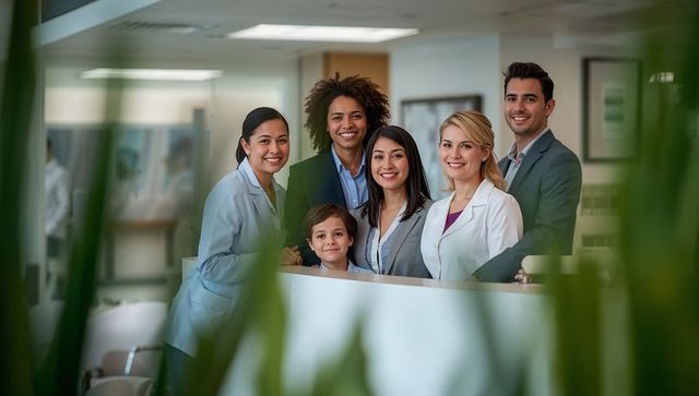 Smiling clinic team posing behind reception desk with greenery, diverse healthcare staff