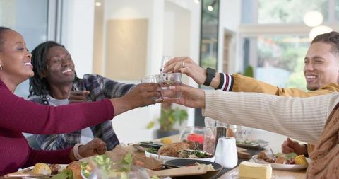 Diverse friends toasting around sunlit dining table while sharing casual homemade meal
