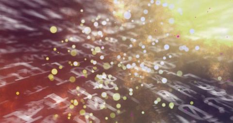 Streaming glowing letters and numbers on rippling digital plane with bokeh light and dust