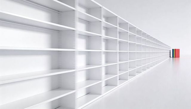 Endless white retail shelving receding into distance with isolated colorful books
