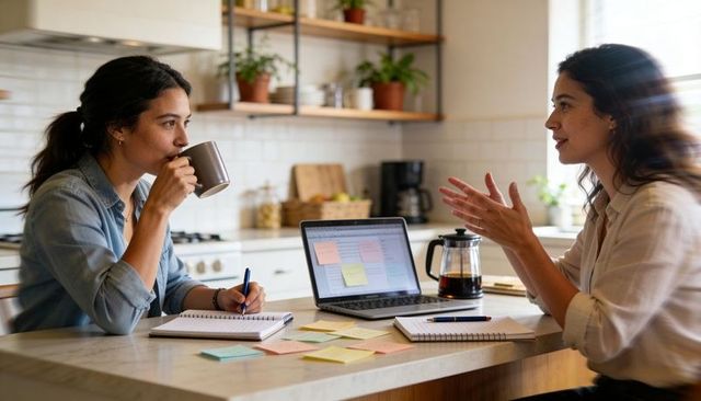 Two women collaborating at kitchen island with laptop, notebooks and coffee