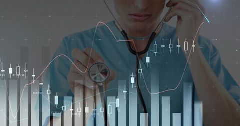 Doctor Holding Stethoscope Overlaid by Candlestick Charts and Healthcare Data Visualization