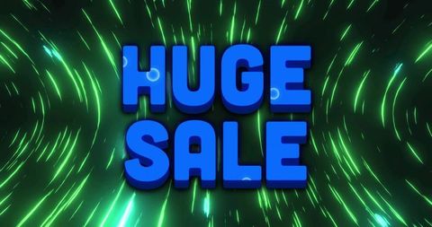 3d blue huge sale text glowing neon green light streaks particle glow promo banner design