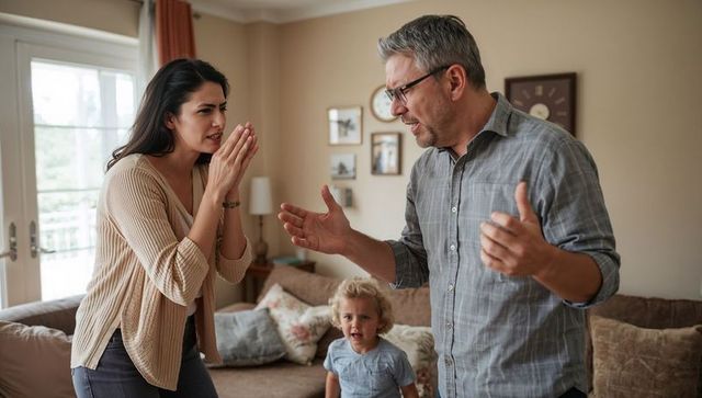 Parents arguing while child cries in living room conveying family conflict and emotional strain