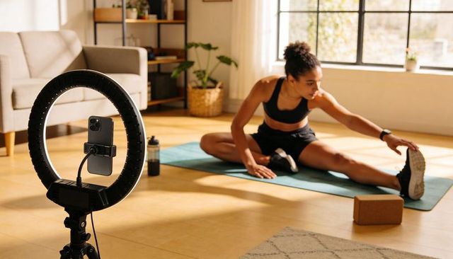 Home fitness creator stretching on mat with ring light and smartphone filming workout
