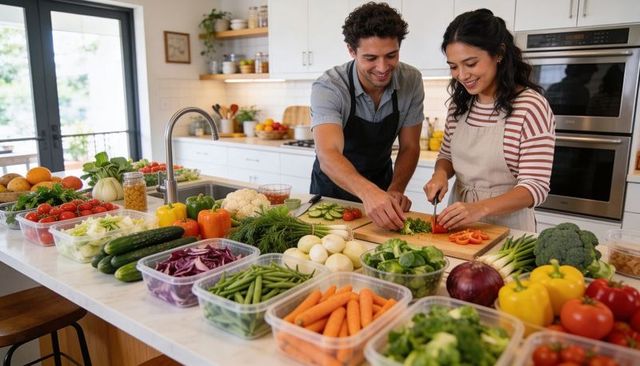 Couple chopping vegetables on kitchen island surrounded by colorful meal-prep produce