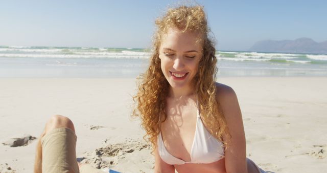 Smiling Woman Enjoying Beach Day in White Bikini - Download Free Stock Images Pikwizard.com