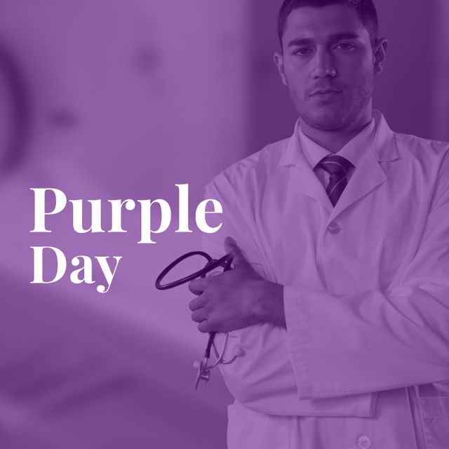 Caucasian Male Doctor Holding Stethoscope for Purple Day Awareness - Download Free Stock Templates Pikwizard.com