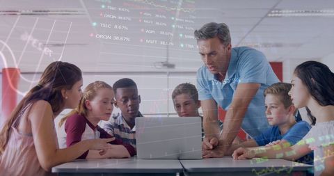engaged father teaching children with laptops and digital data overlays - Download Free Stock Images Pikwizard.com