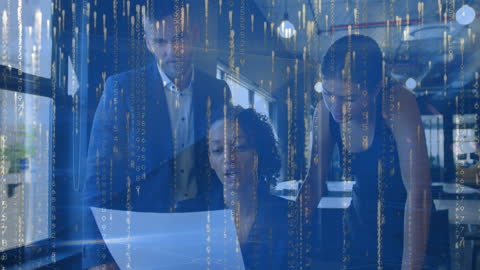 Business Team Reviewing Data with Digital Overlay in Office