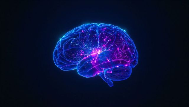 Glowing neon brain hologram with magenta neural pathways