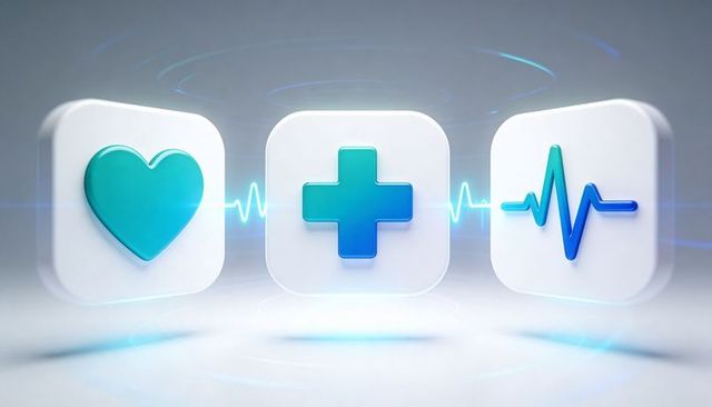 Floating medical icons connecting with glowing ecg line over reflective surface