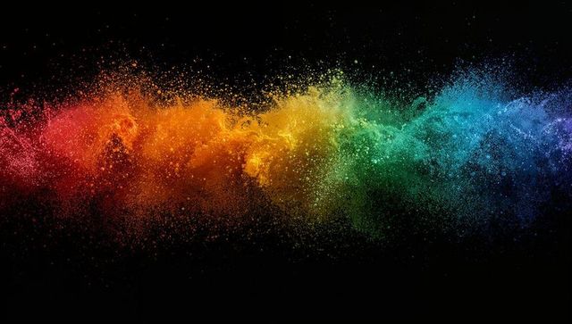 Vivid rainbow colored powder explosion in dark space