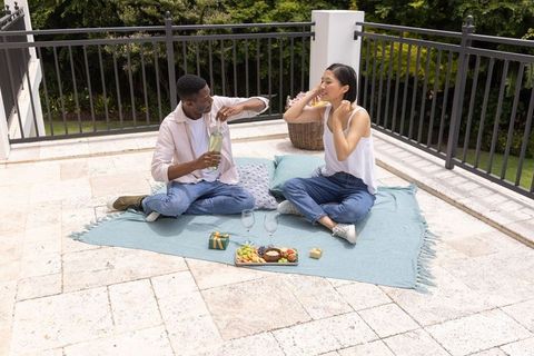 Rooftop picnic date: asian woman and african american man enjoying wine and snacks