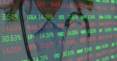 Clinician in Scrubs Analyzing Stock Market Data Overlay