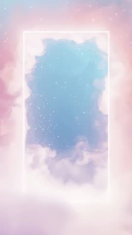 Glowing Portal Appearing in Pastel Pink Clouds Revealing Deep Blue Starfield Vertical Loop