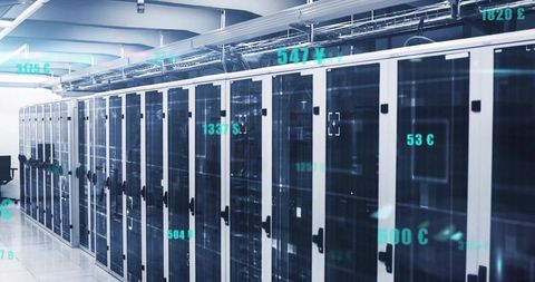 Glass-Front Server Racks in Futuristic Data Center Showing Monitoring Overlays and Metrics