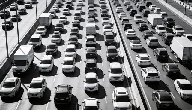 Urban freeway crowding rush hour aerial top-down view of dense multilane traffic
