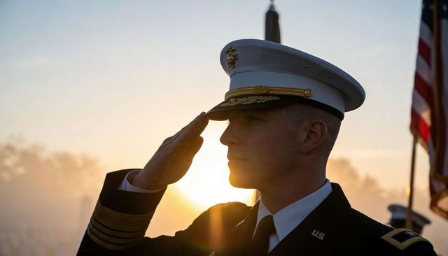 Saluting us military officer at sunrise memorial with american flag and cemetery markers