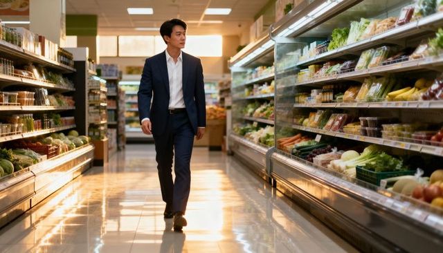 Asian executive walking through grocery aisle inspecting fresh produce in evening light