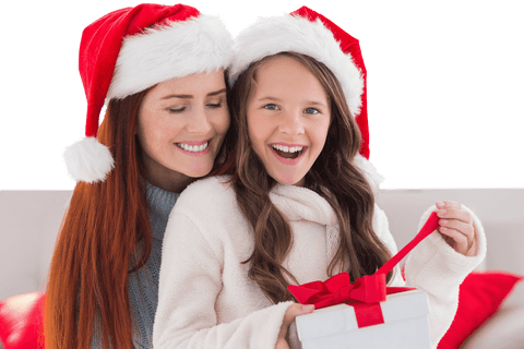 Joyful mother and daughter bonding with christmas gift on transparent background