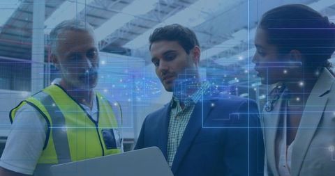Warehouse team collaborating on digital logistics analytics with AR visualization