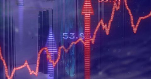 Digital analytics with financial growth arrow over server racks