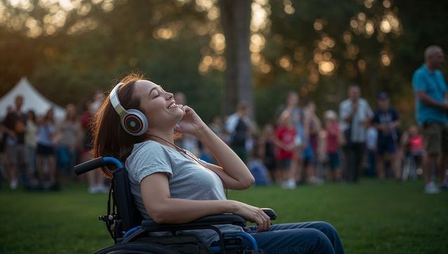 Asian woman in wheelchair wearing headphones listening at outdoor festival golden hour