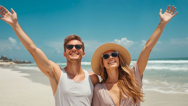 Joyous Couple Celebrating at Sunny Beach Vacation