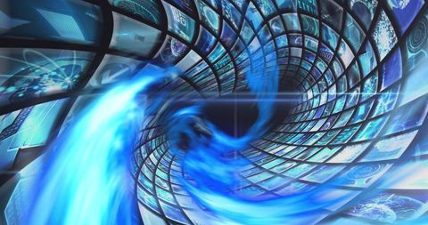 Digital Tunnel with Blue Lights and Screens Visualizing Data Flow